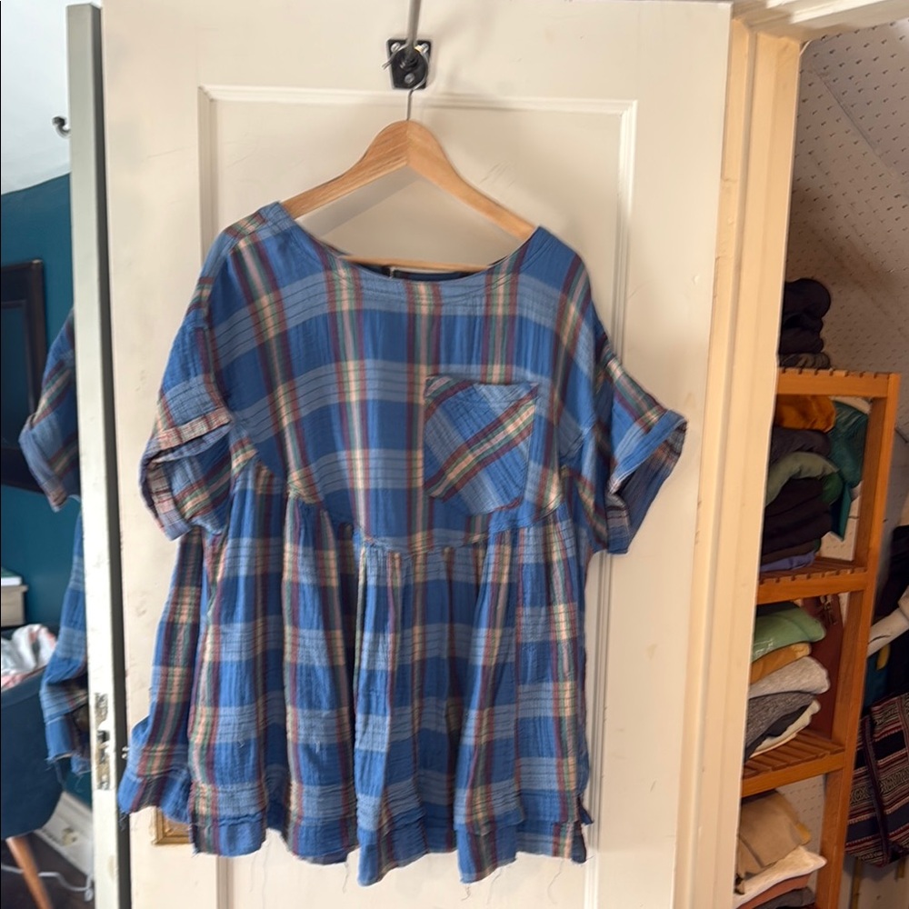 Blue Plaid Short Sleeve Top